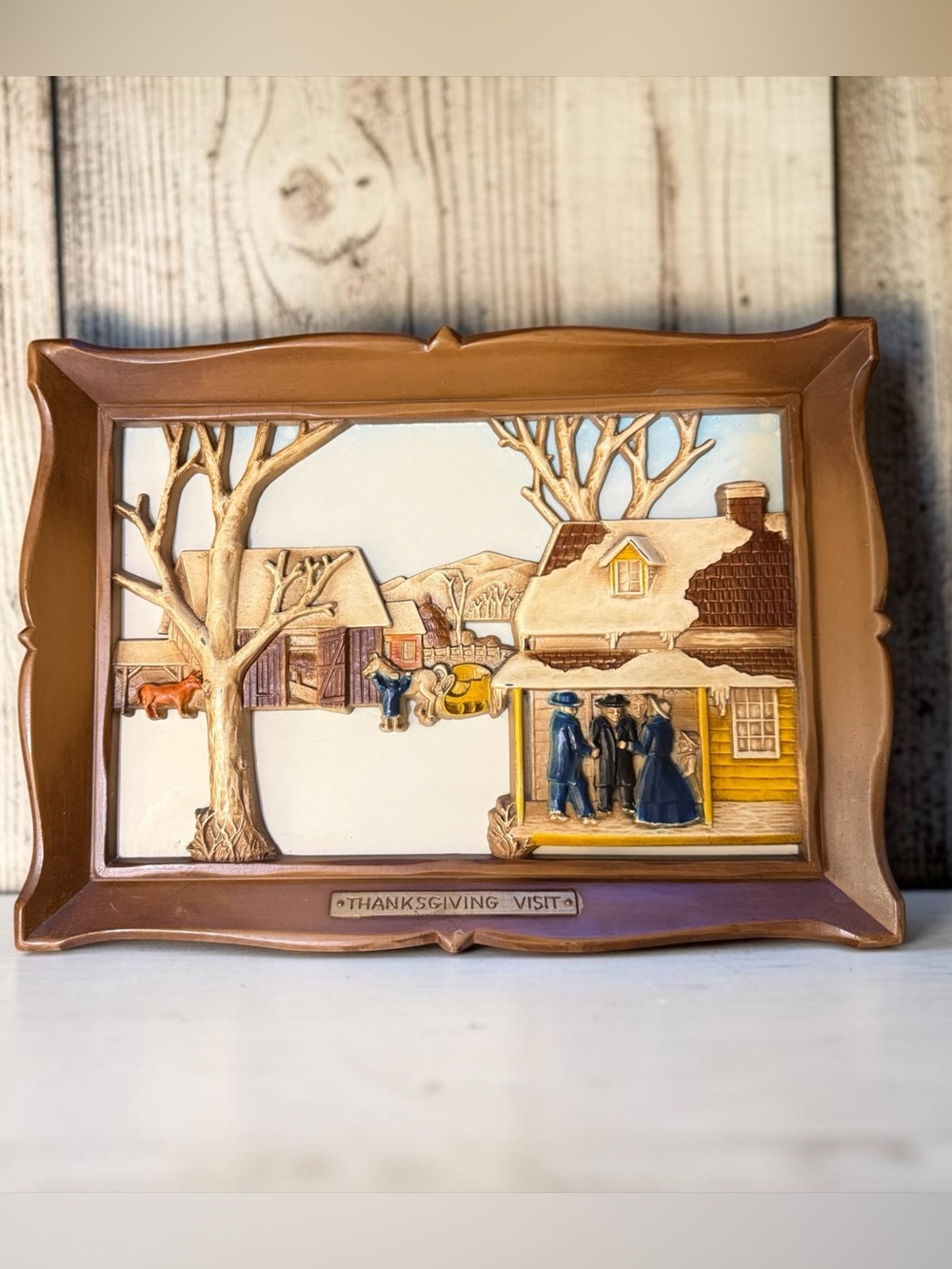 Vintage 1960s Syroco Wood 3D Wall Plaque Thanksgiving Visit Americana Decor 14x1